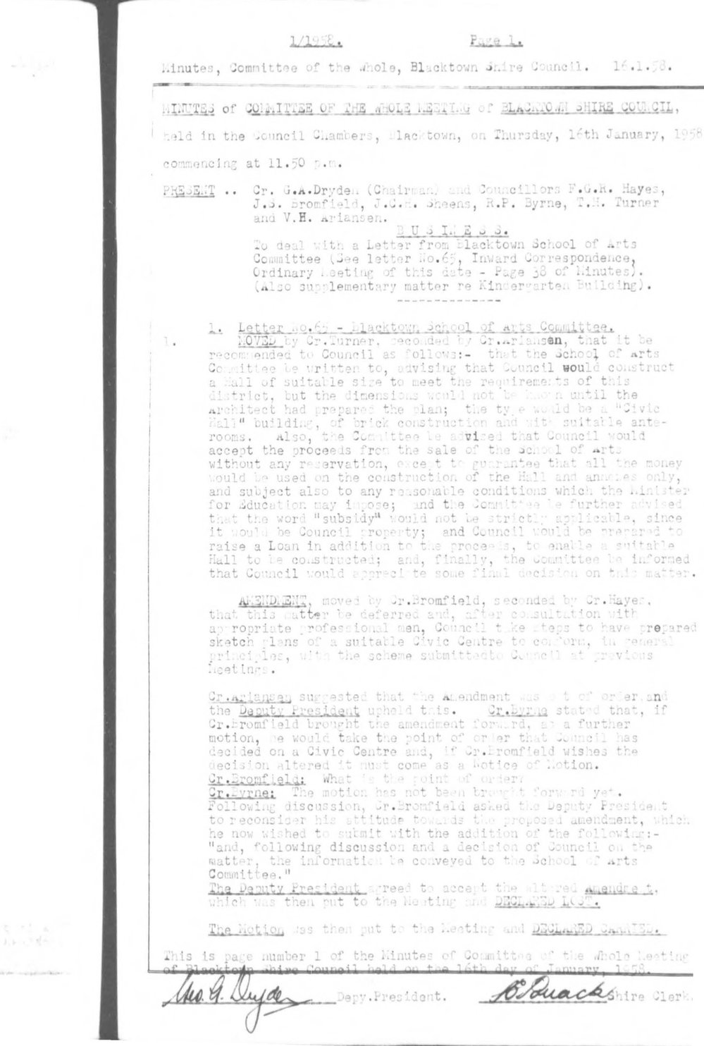 Blacktown Shire Council Minutes, Committee of the Whole, 1958