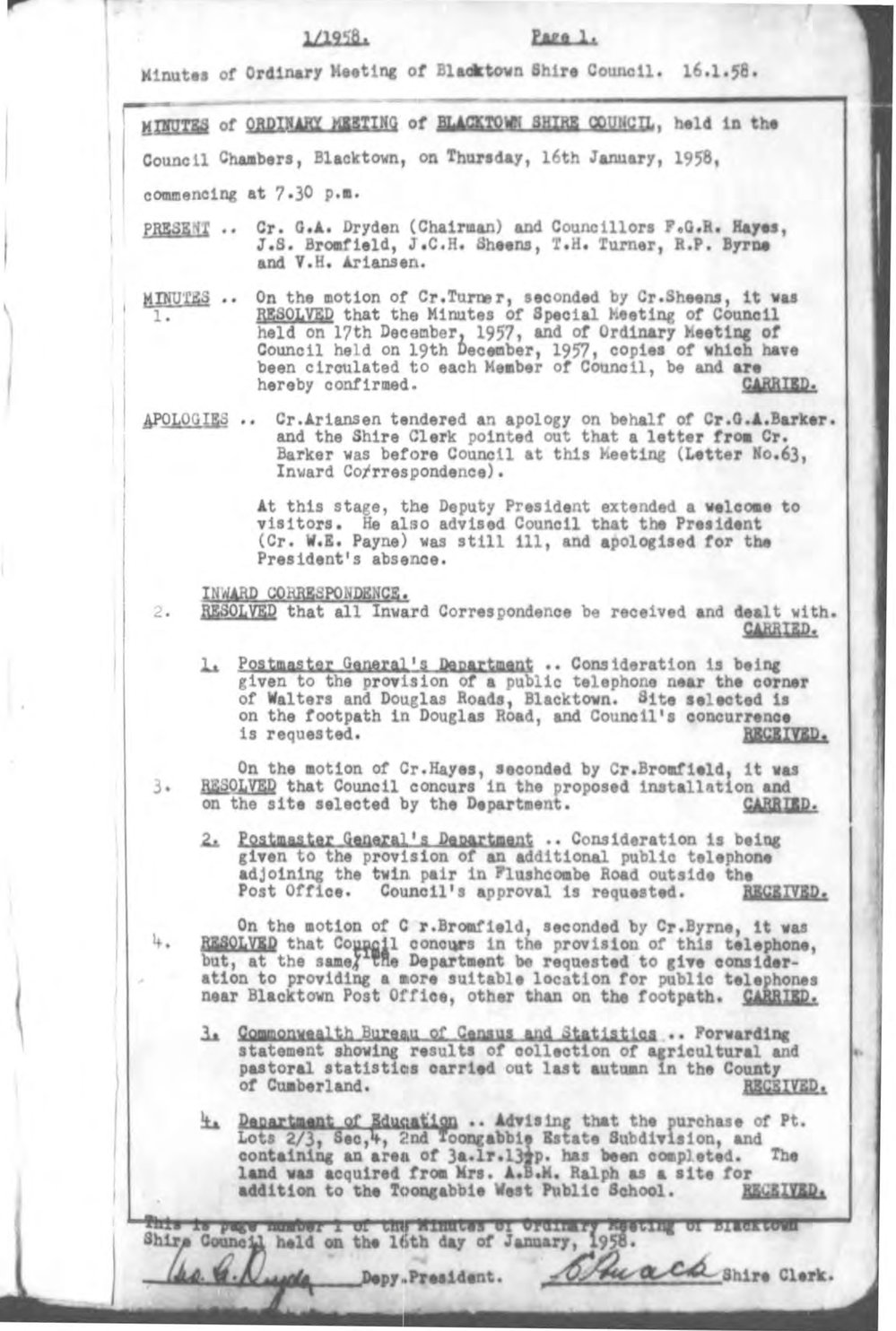 Blacktown Shire Council Minutes, Ordinary Meetings, 1958
