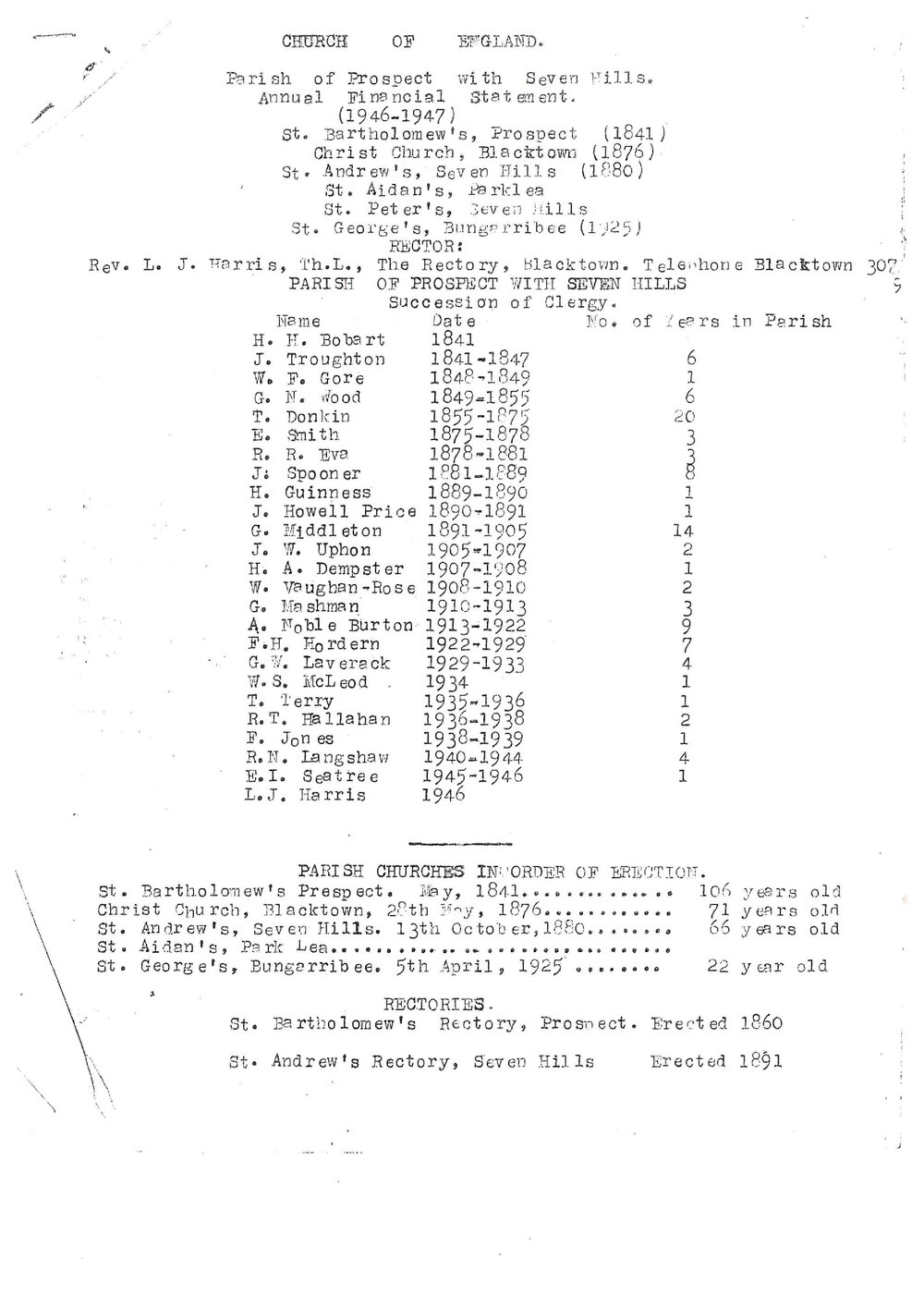Church of England - Parish of Prospect with Seven Hills, 1947