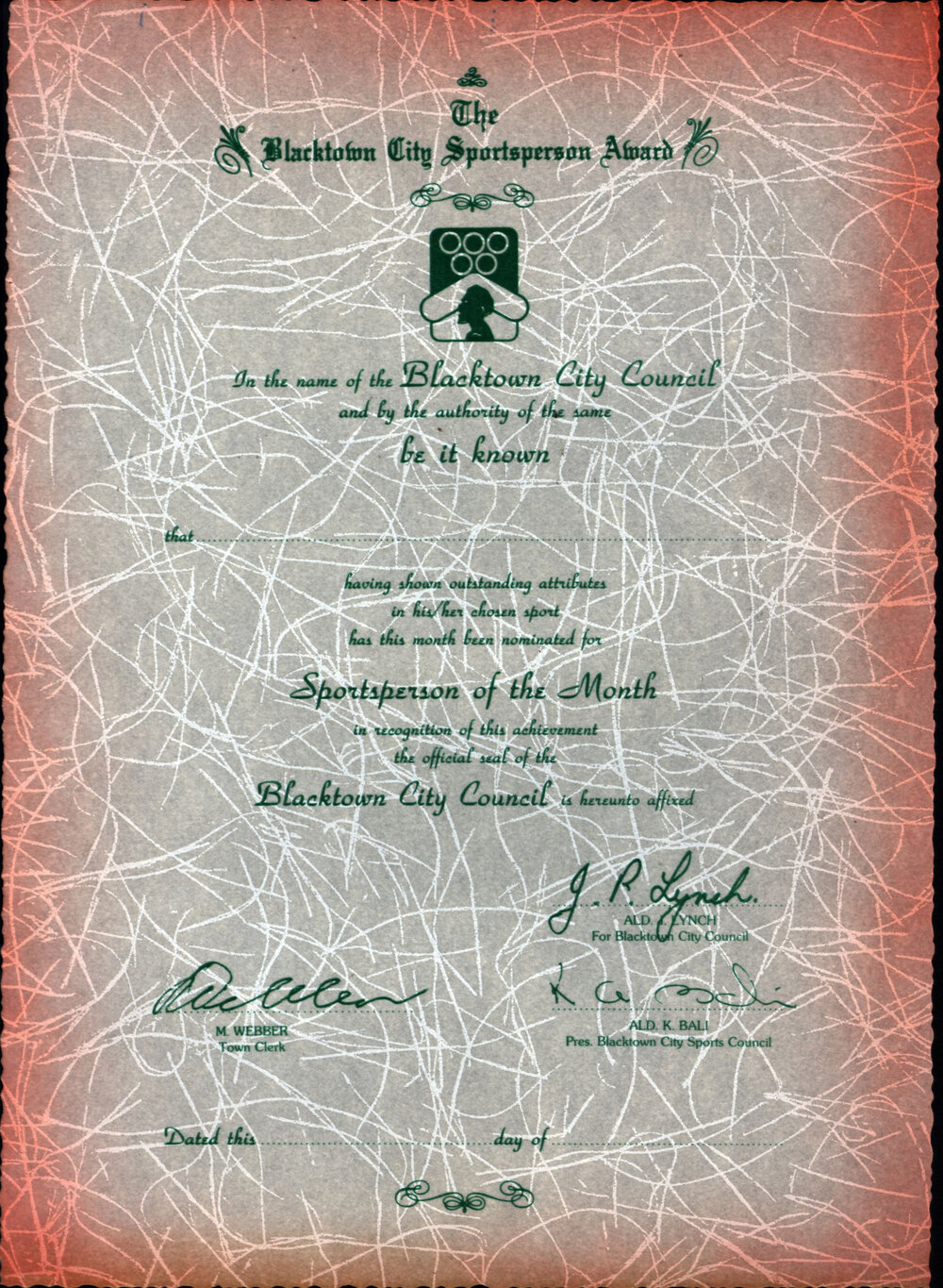 blacktown City Council Sportsperson of the Month Certificates, 1982