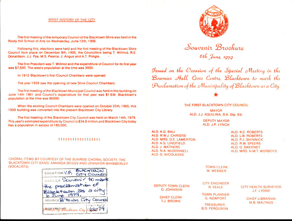 Blacktown City Council Souvenir Booklet, 6 June 1979
