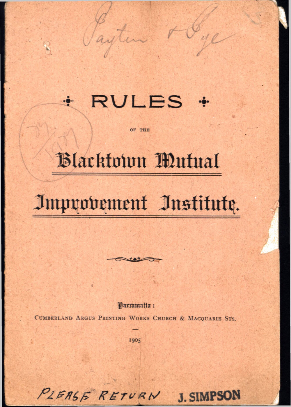 Rules of the Blacktown Mutual Improvement Institute, 1905