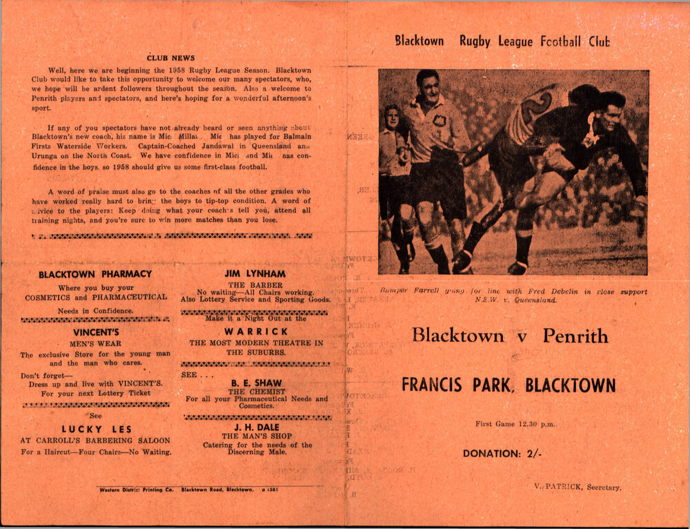 Blacktown Rugby League Football Club v Penrith Match, 1958
