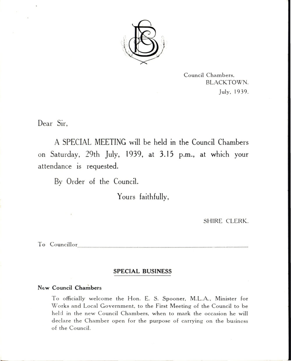 Blacktown Shire Council Special Meeting Invitation, 1939