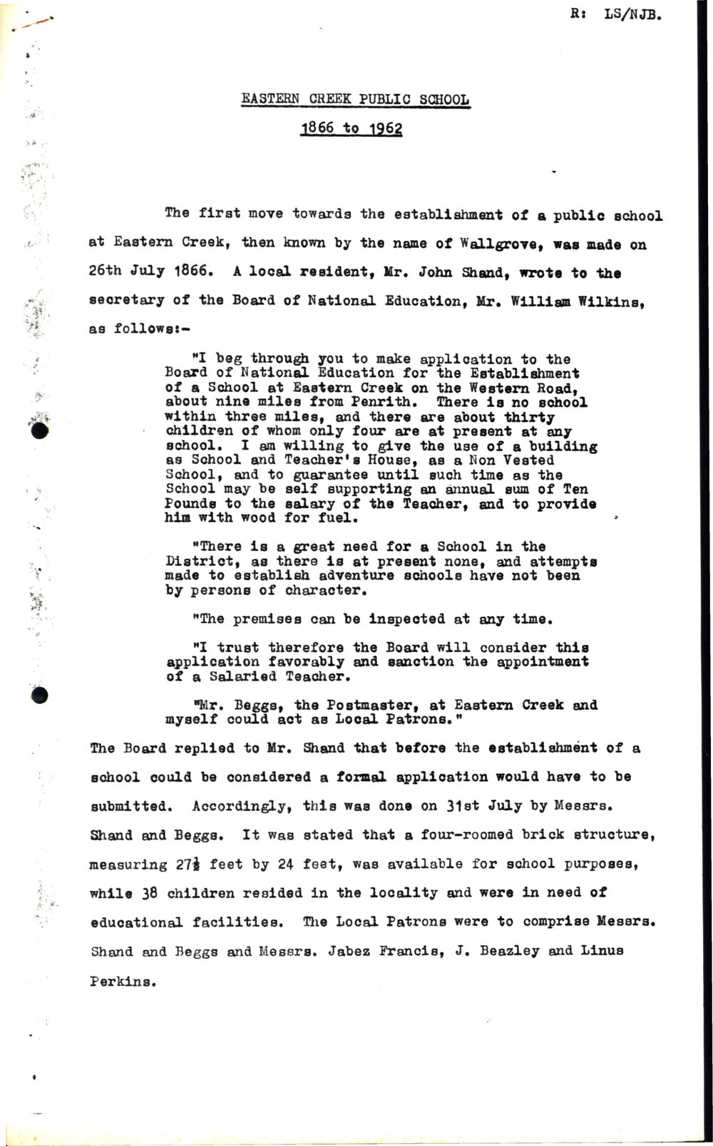 Eastern Creek Public School, 1866-1962