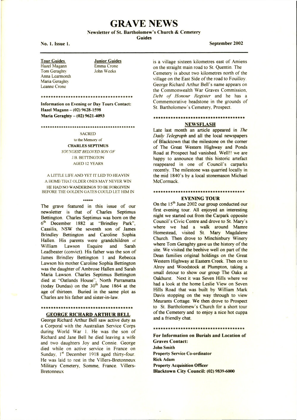 Grave News, Newsletter of St Bartholomew's Church and Cemetery Guides, 2002