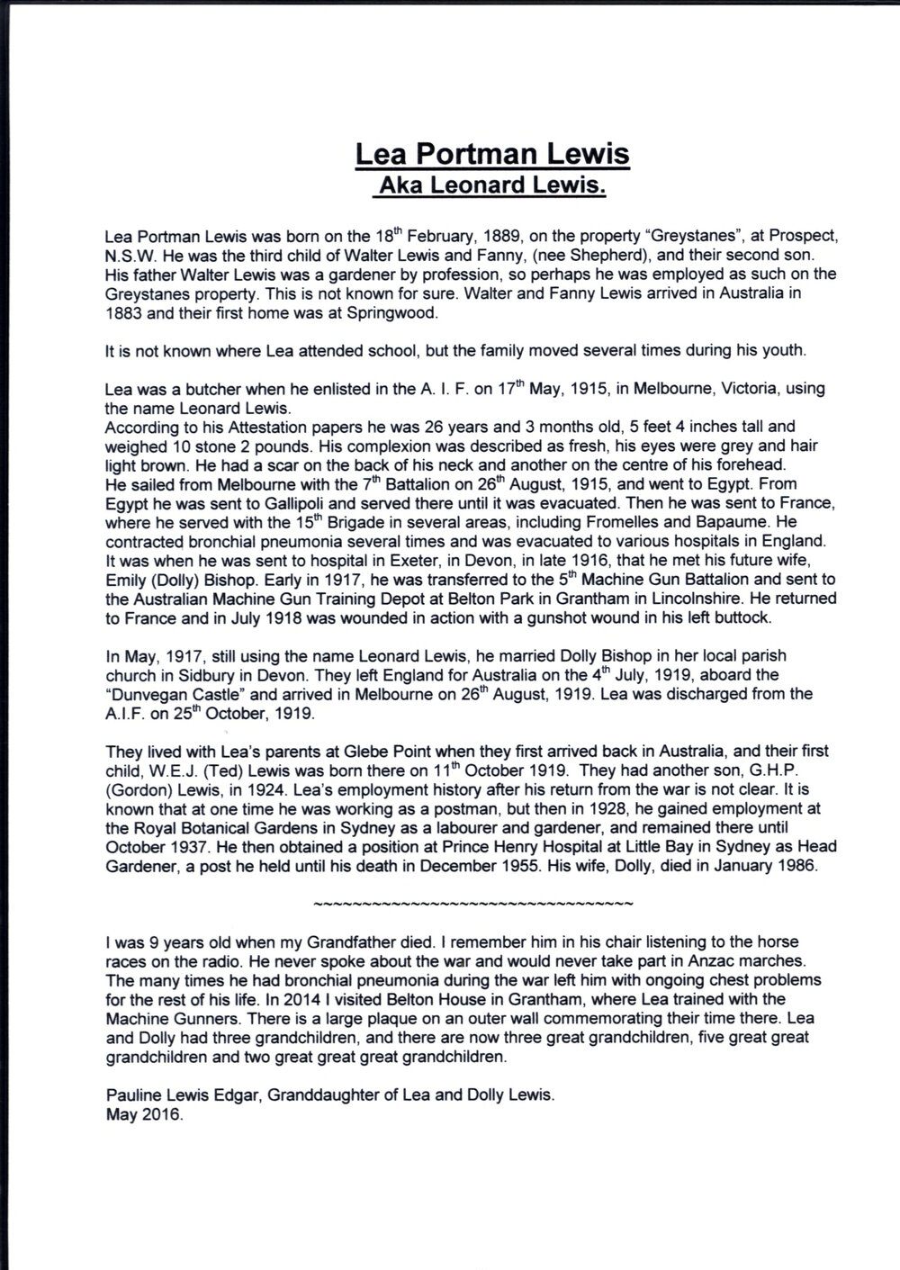 Lea (Leonard) Portman Lewis Biography, 2016