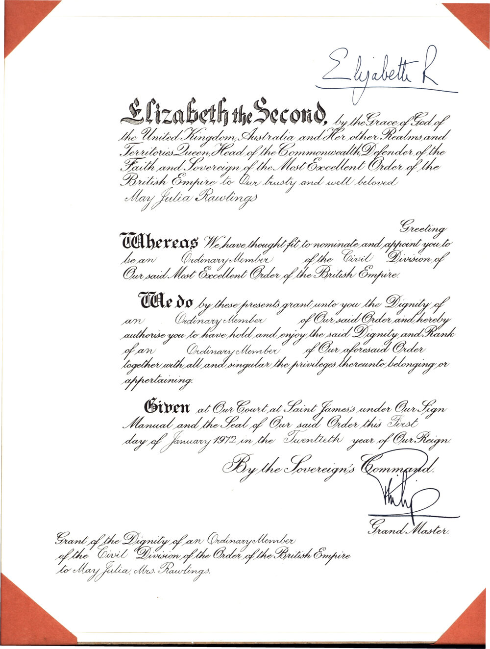 May Julia Rawlings, MBE 1972