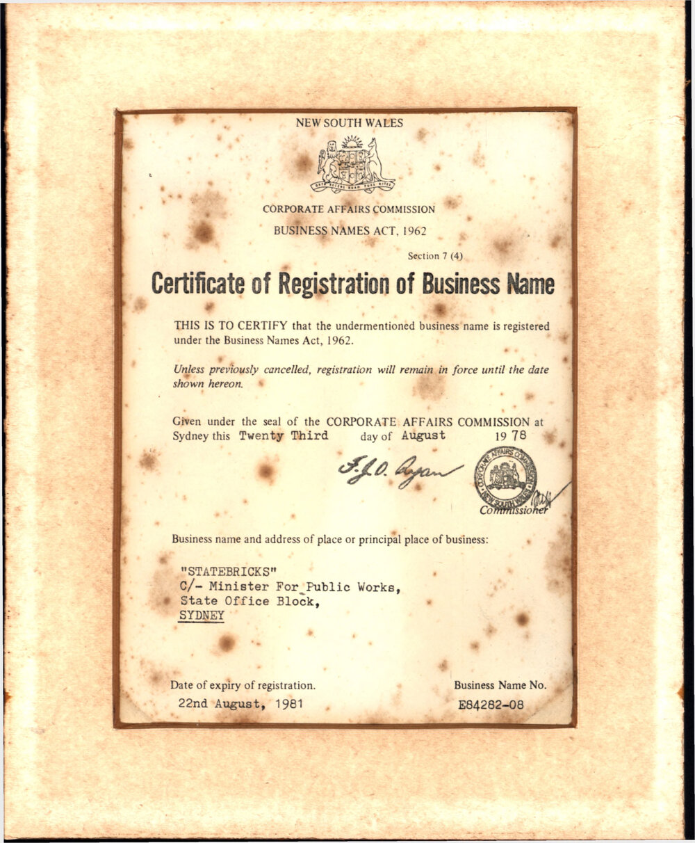 Statebricks Certificate of Registration of Business Name, 1978