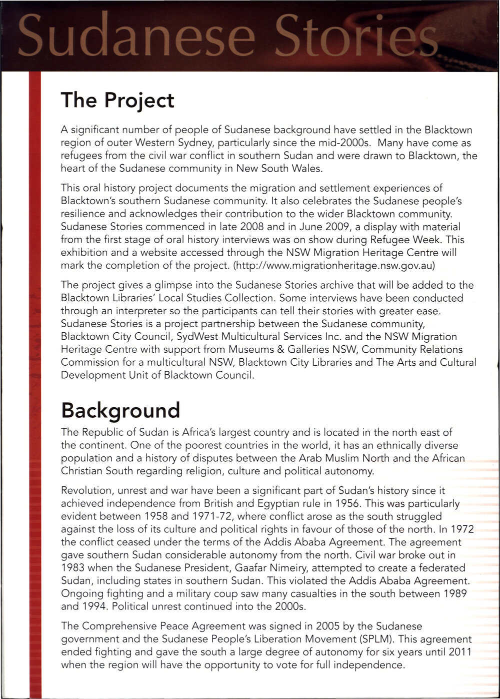 Sudanese Stories Oral History Project, 2008-2009