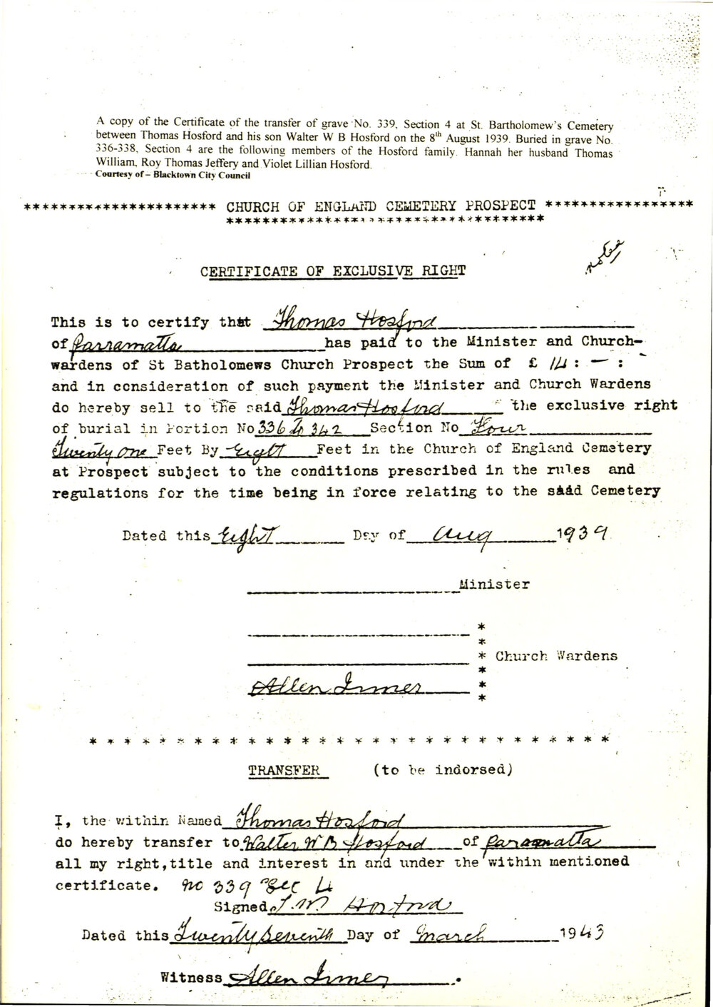 Certificate of Exclusive Right, St Bartholomew's Cemetery, Prospect