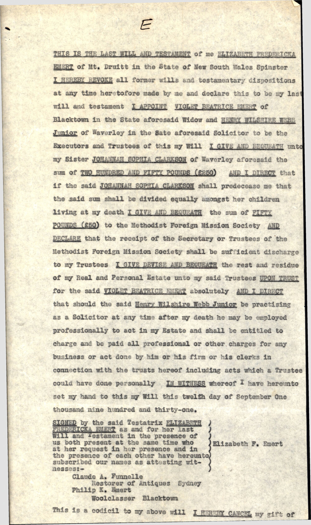 Will and Testament of Elizabeth Fredericka Emert, 1940