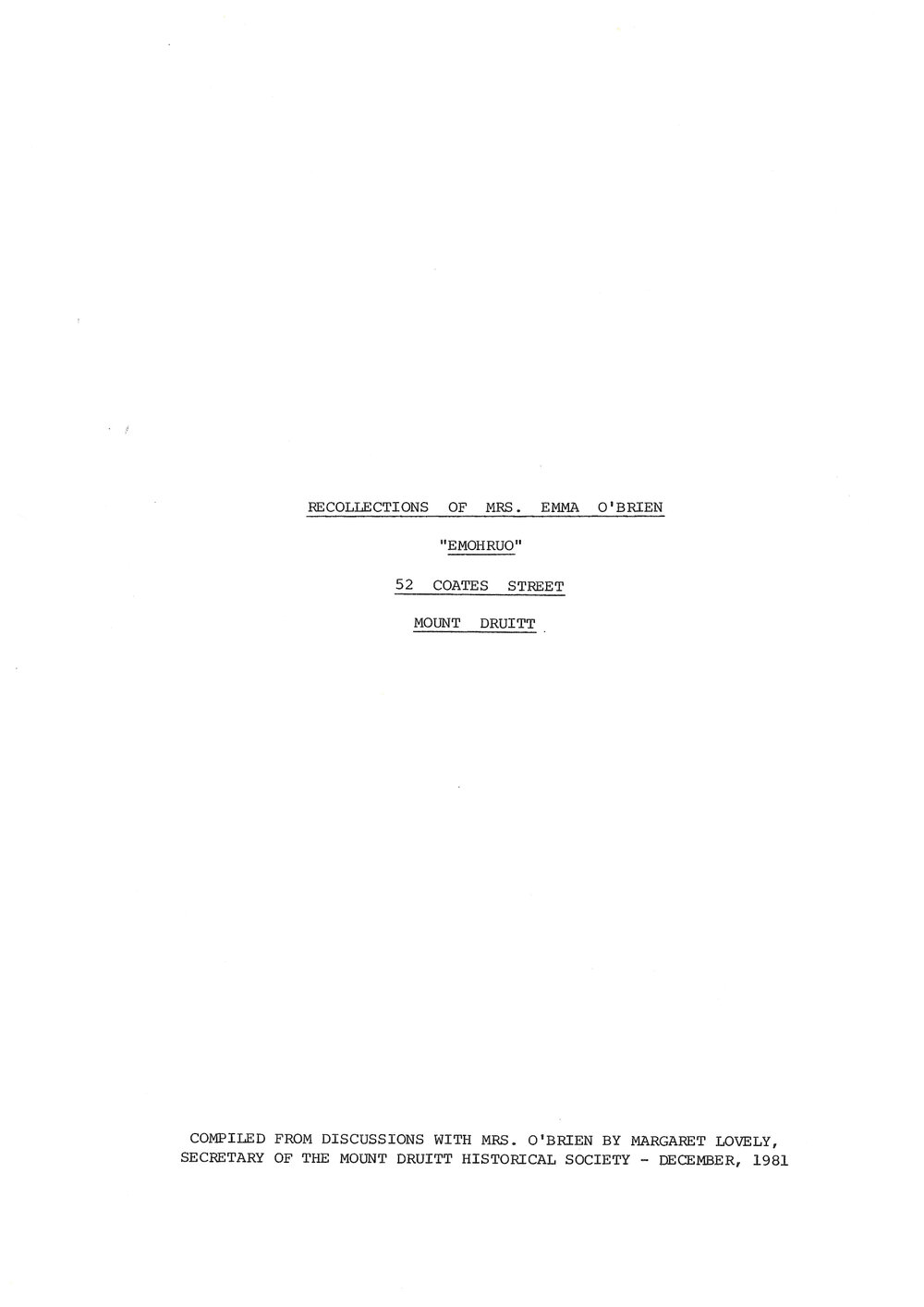 Recollections of Mrs Emma O'Brien - Mount Druitt