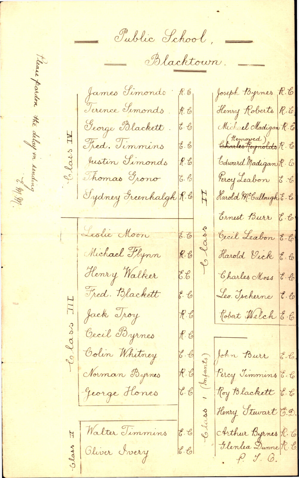 Blacktown Public School  - List of Students, Year Unknown