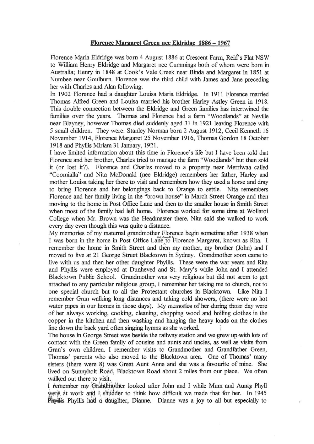 Florence Margaret Green (nee Eldridge) Biography