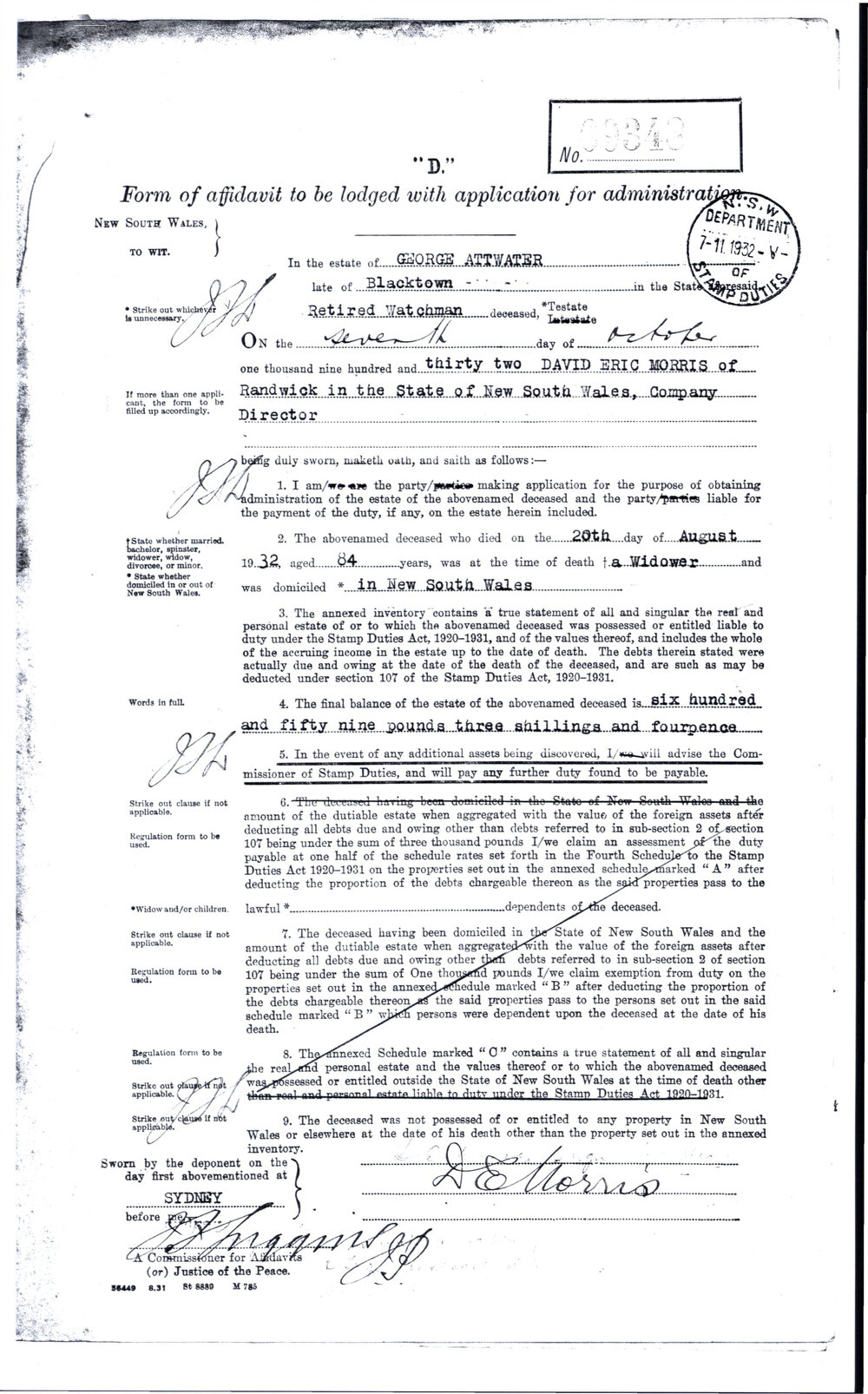 George Attwater -  Estate Administration, 1932