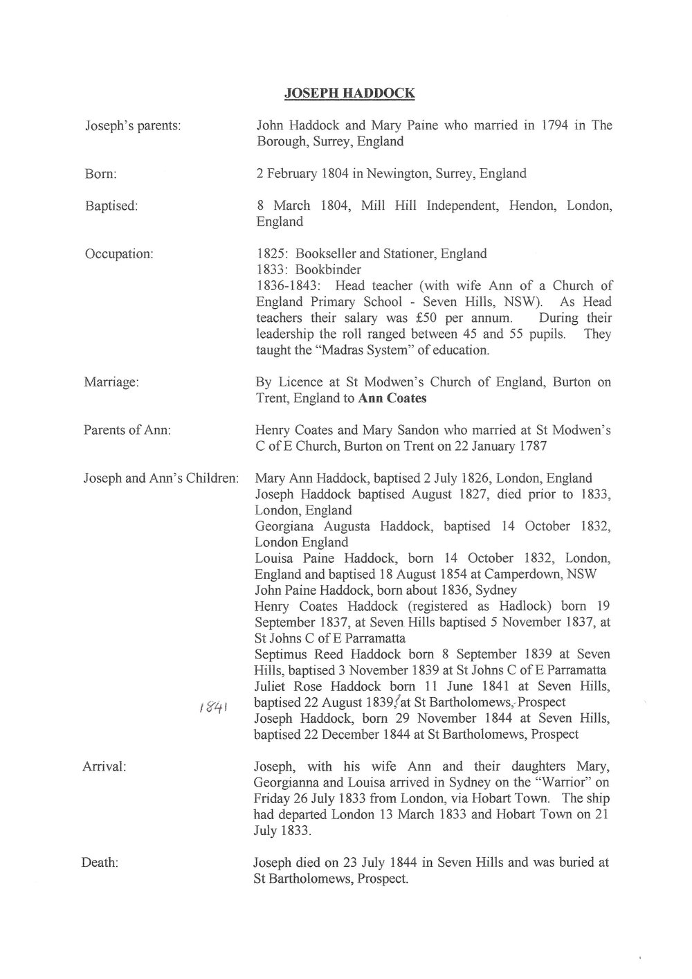 Joseph Haddock - Biography