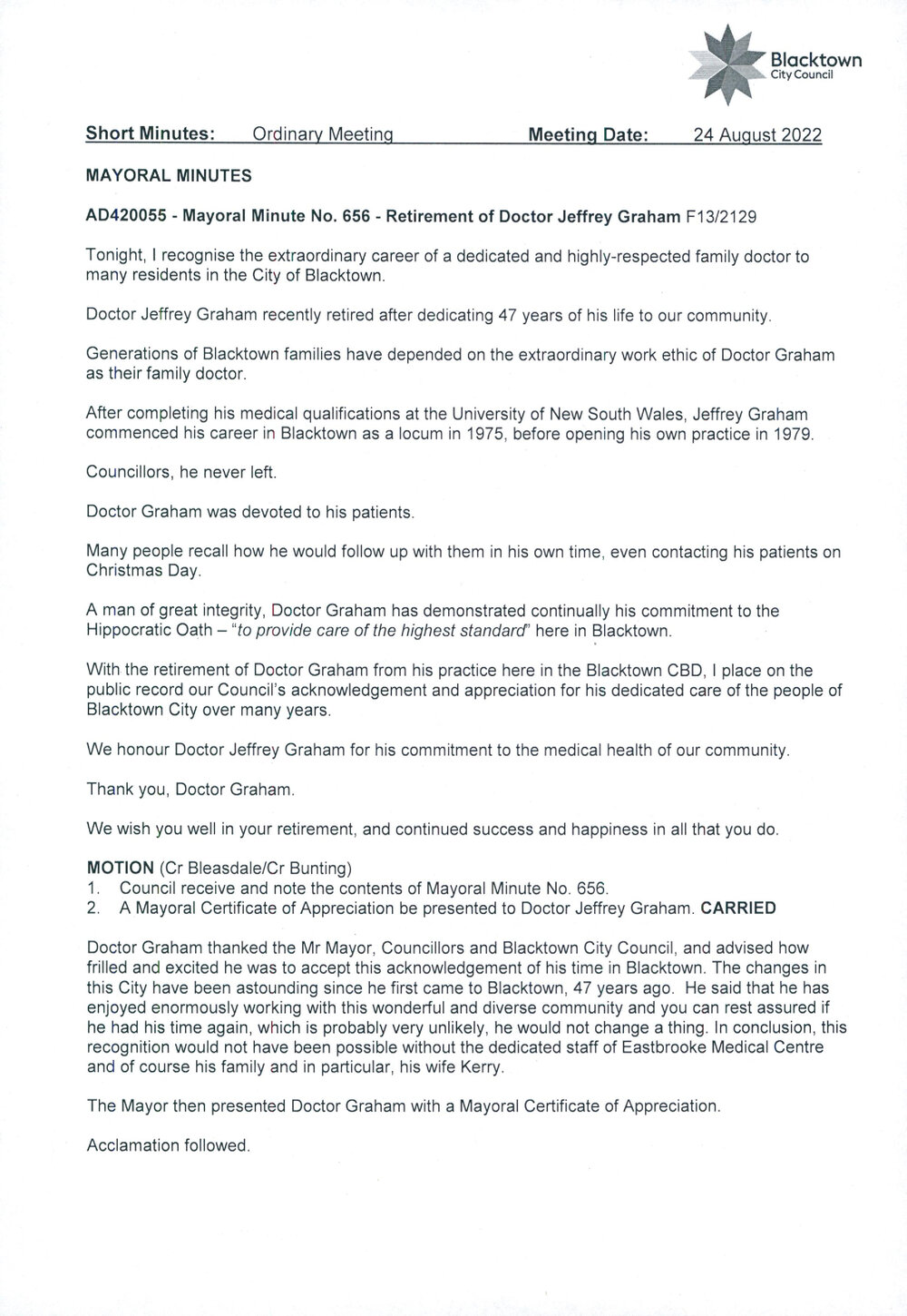 Retirement of Doctor Jeffrey Graham  (Mayoral Minute No 656), 2022