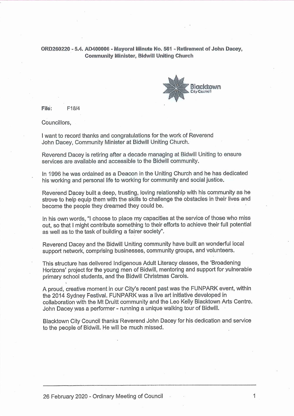 Retirement of John Dacey, Community Minister, Bidwill Uniting Church (Mayoral Minute), 2020