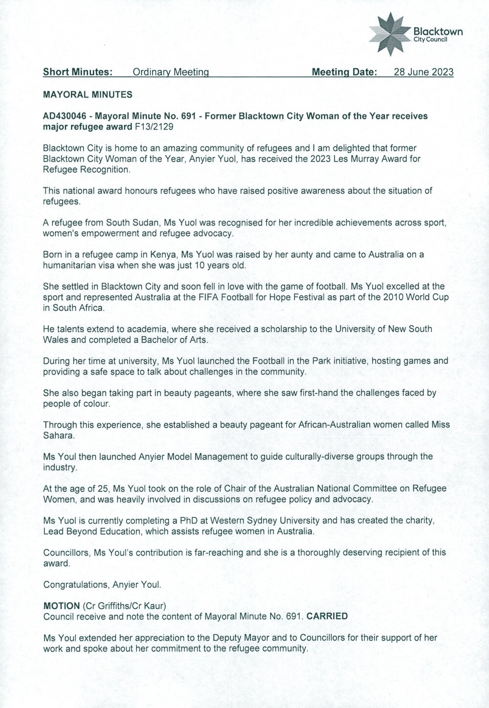 Anyier Yuol (Mayoral Minute No 691)