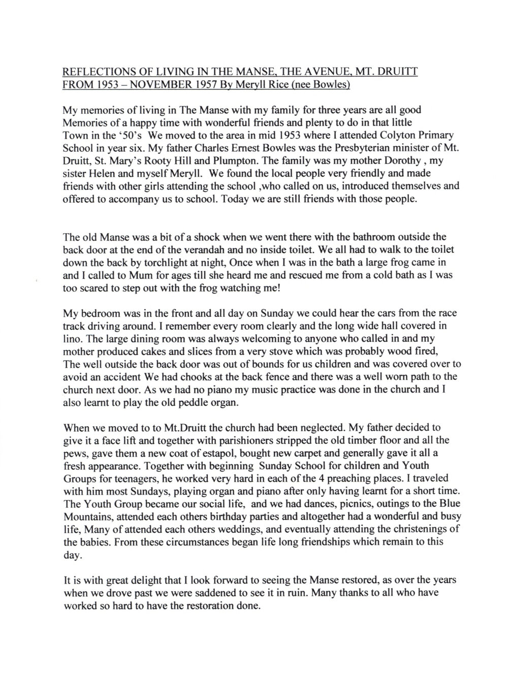 Reflections of living in The Manse, Mount Druitt - Meryll Rice (nee Bowles)