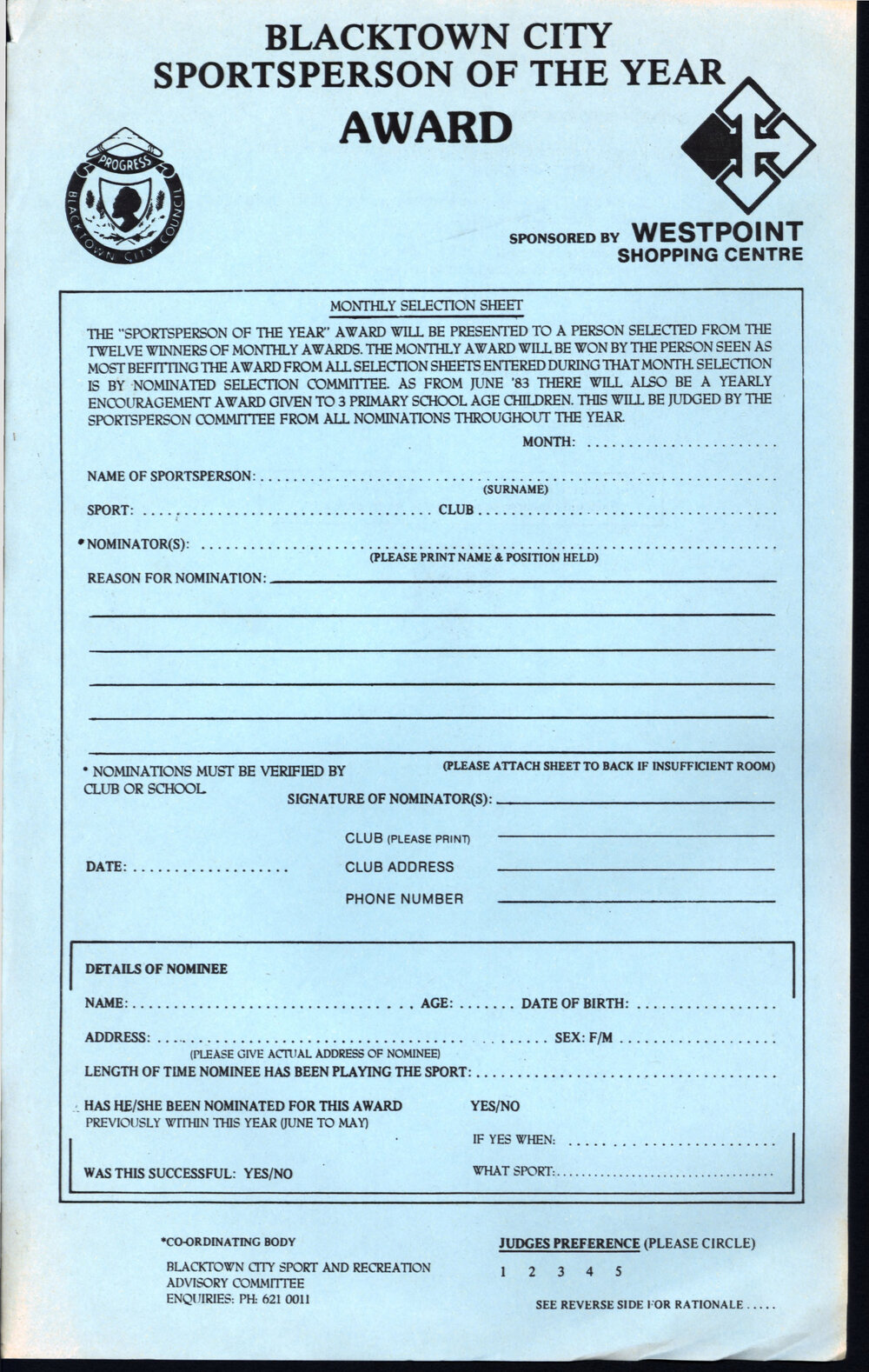 Blacktown City Sportsperson of the year award - nomination form