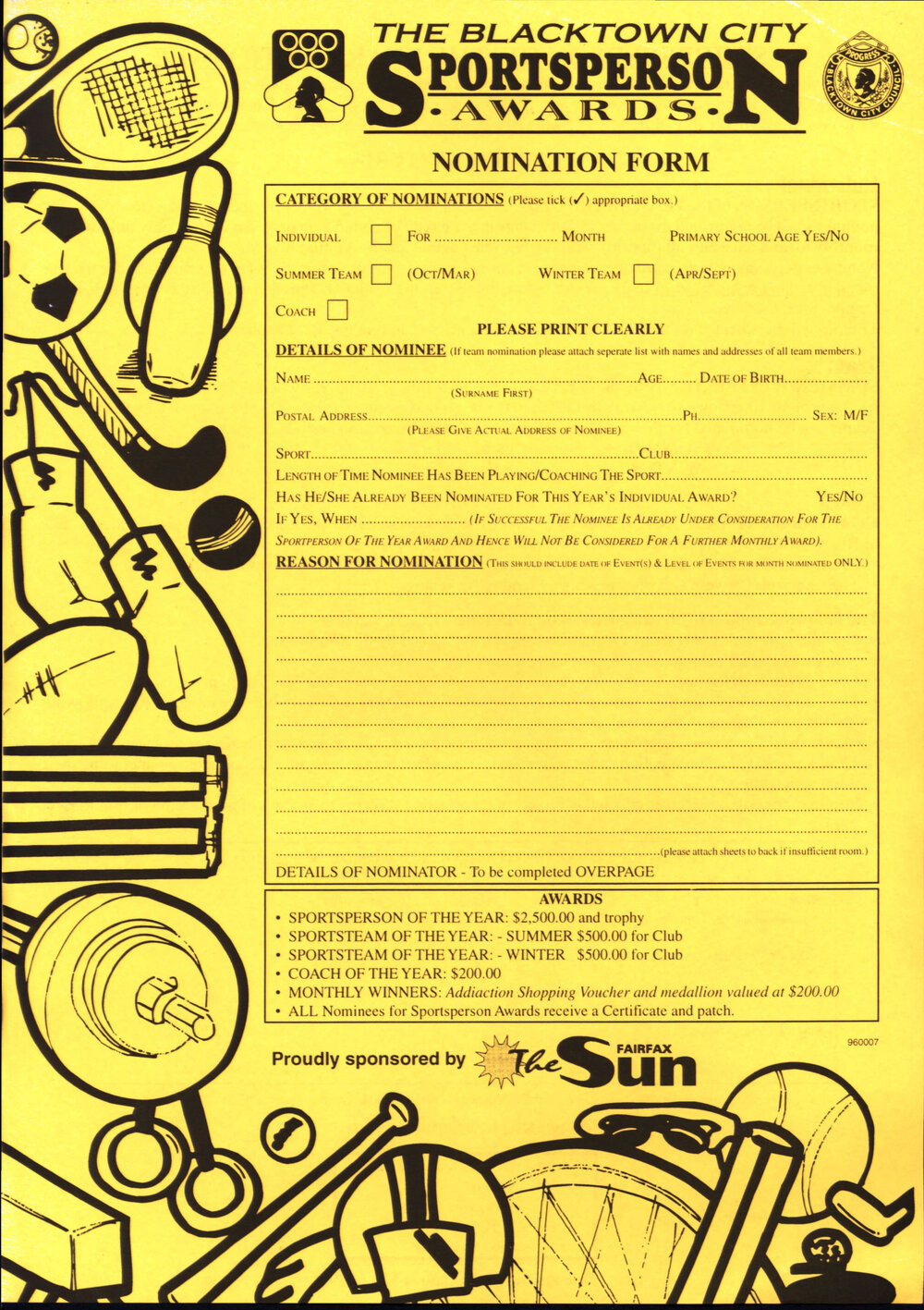 The Blacktown City Sportsperson awards - nomination form