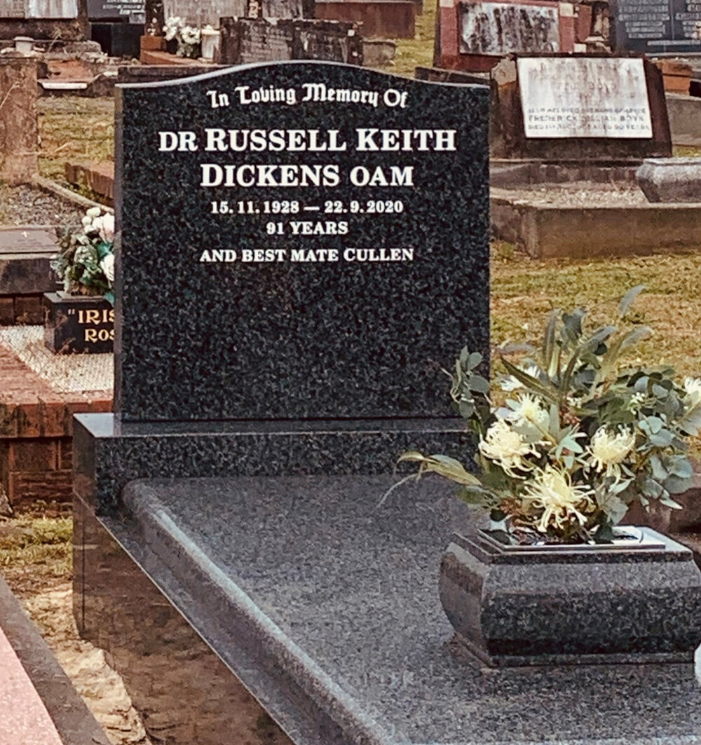Headstone of Dr Russell Keith Dickens, OAM