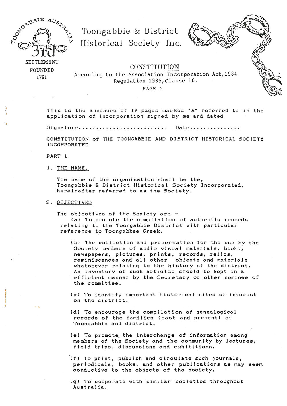 Toongabbie &amp; District Historical Society Incorporated Constitution