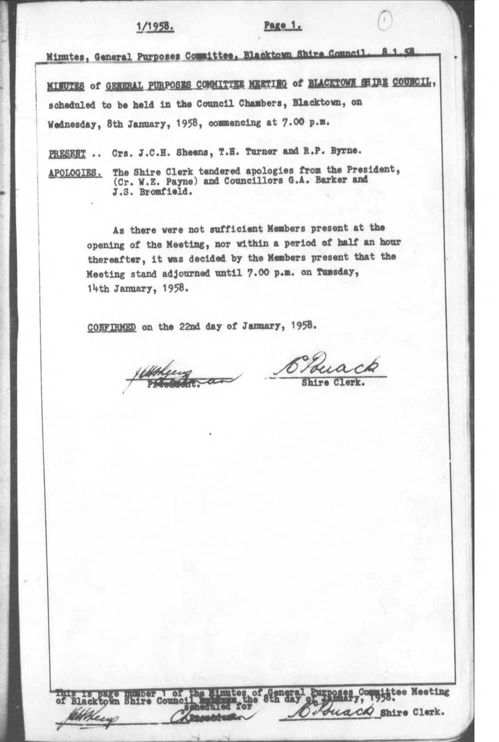 Blacktown Shire Council Minutes, General Purposes Committee, 1958