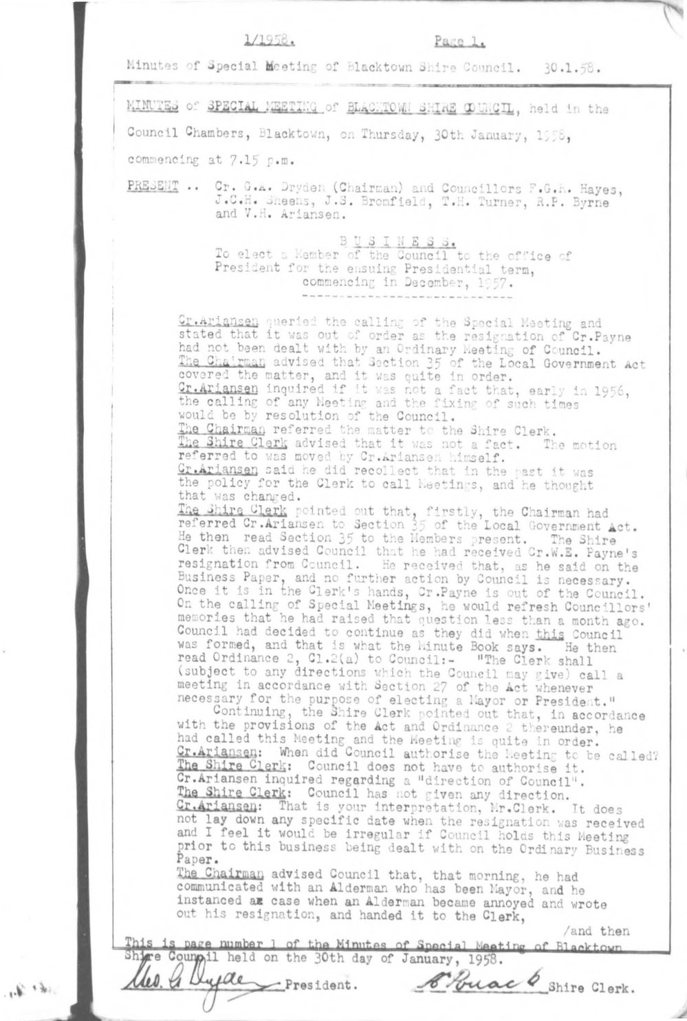 Blacktown Shire Council Minutes, Special Meetings, 1958