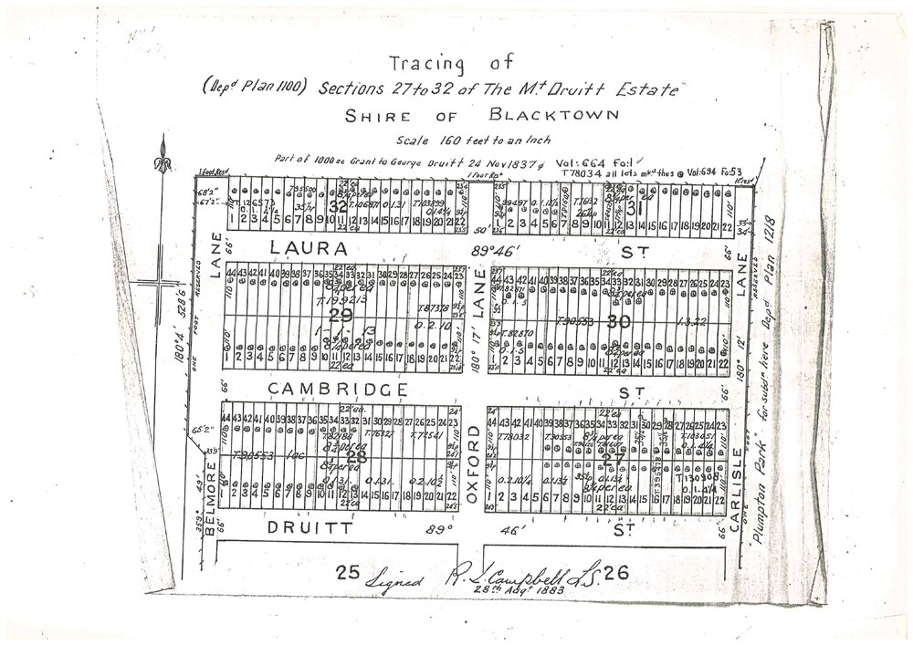 Tracing of Sections 27 to 32 of the Mount Druitt Estate, 1883