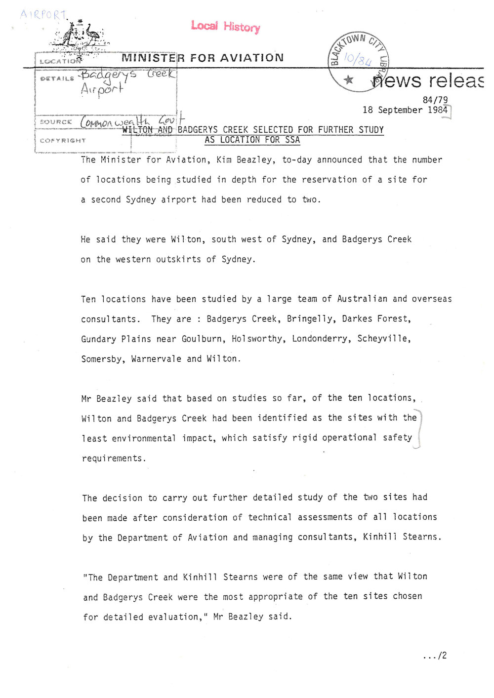 Possible Sites for a Second Sydney Airport, 1984
