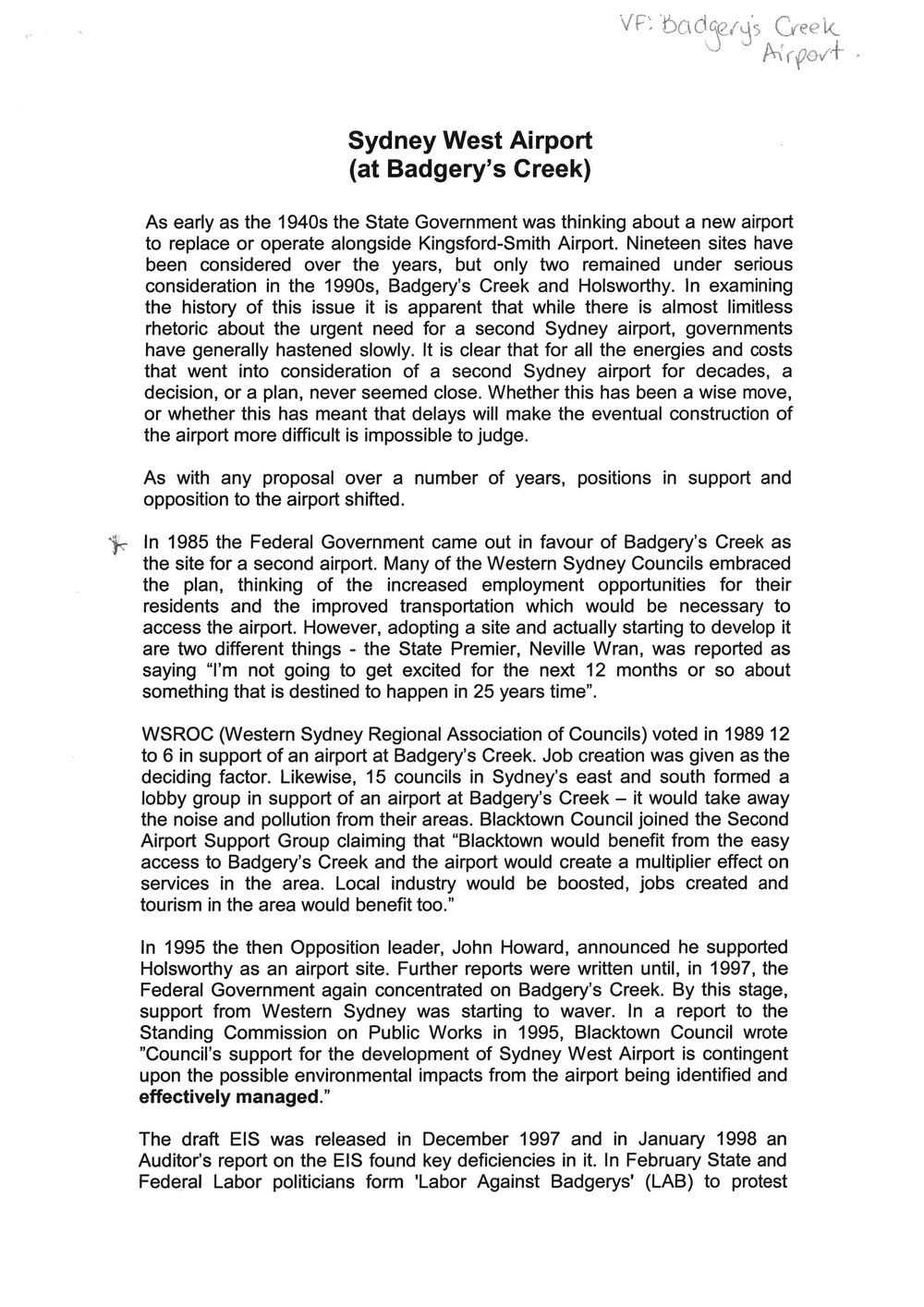 Sydney West Airport (at Badgerys Creek) History, 1990s