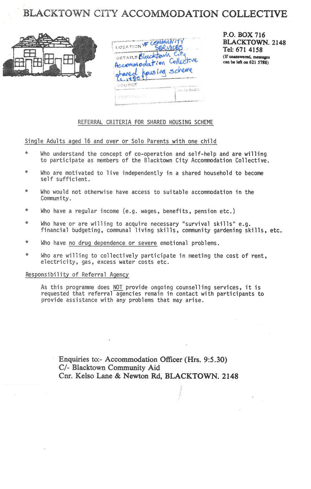 Blacktown City Accommodation Collective - Shared Housing Scheme c.1980