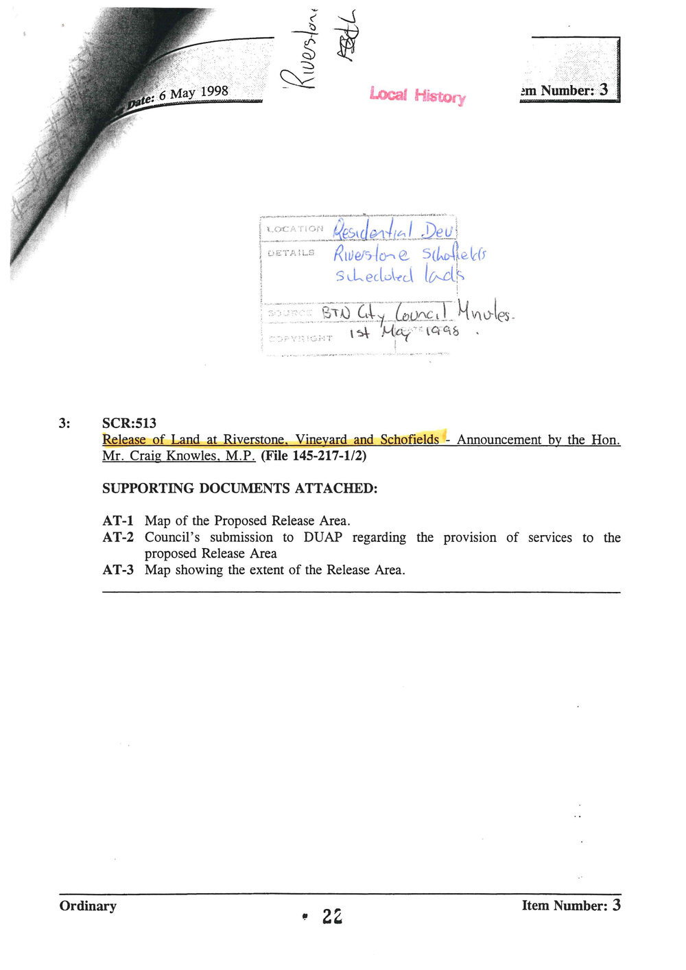 Announcement of Land release at Riverstone, Vineyard, Schofields - Council minutes May 1998