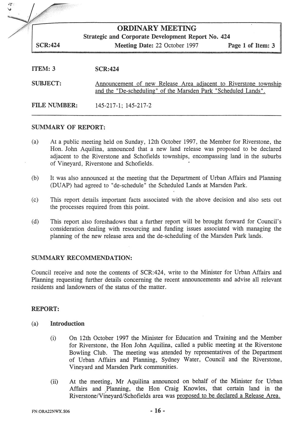 Announcement of New Release Areas near Riverstone, 1997