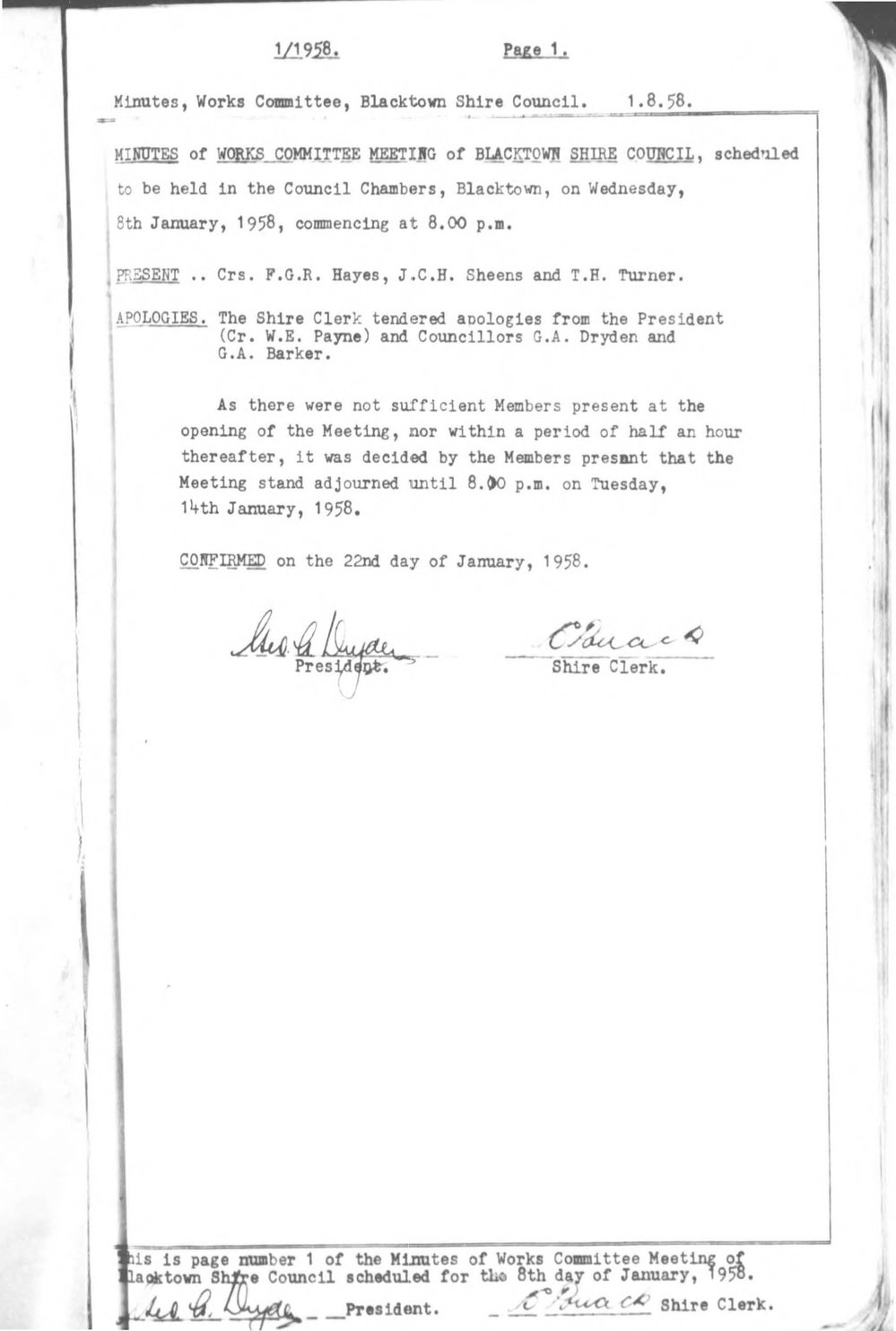 Blacktown Shire Council Minutes, Works Committee 1958
