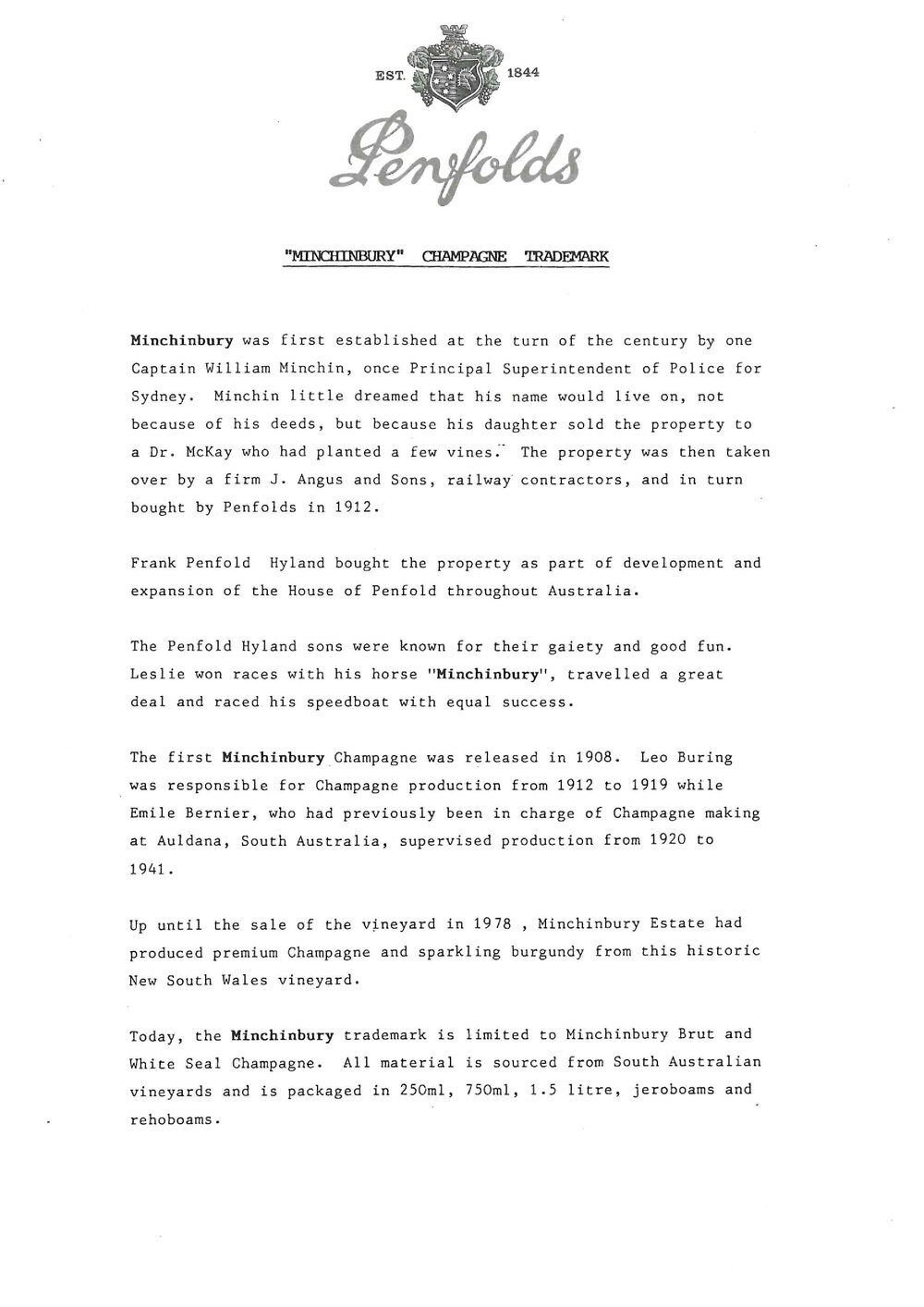 "Minchinbury" Champagne Trademark, c2000