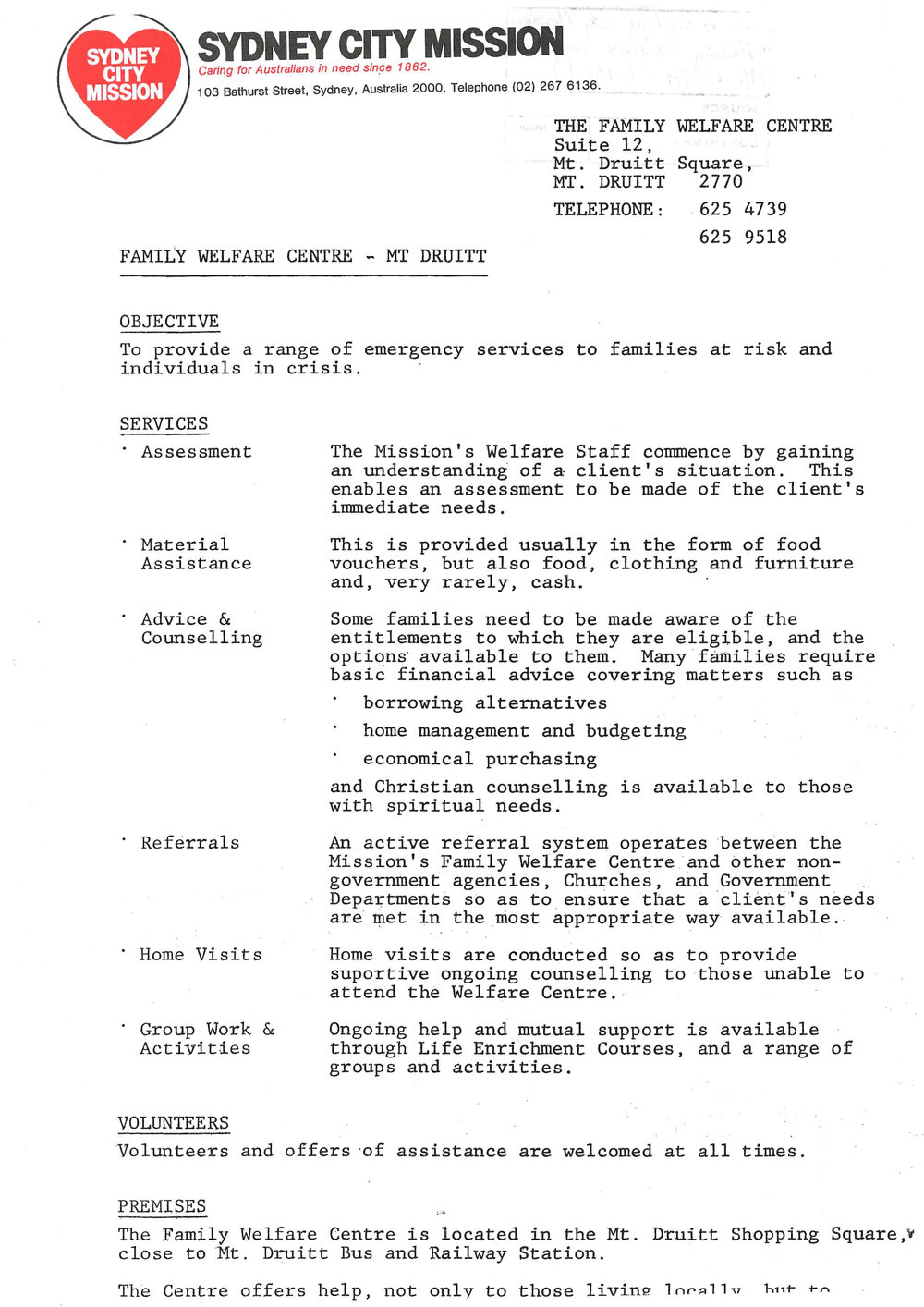 Sydney City Mission - Family Welfare Centre - Mt Druitt c1980 flyer