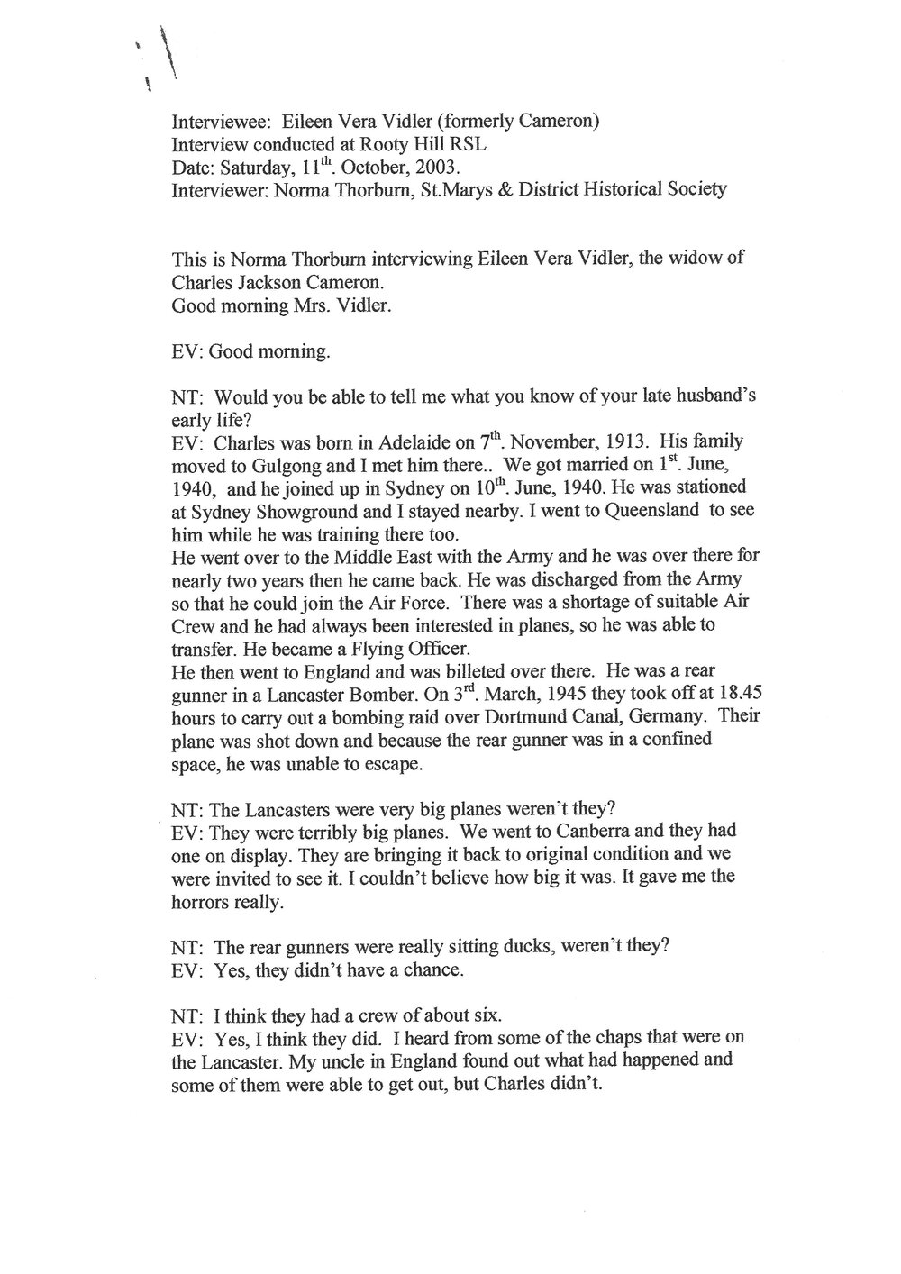 Eileen Vera Vidler, Oral History Interview, 2003