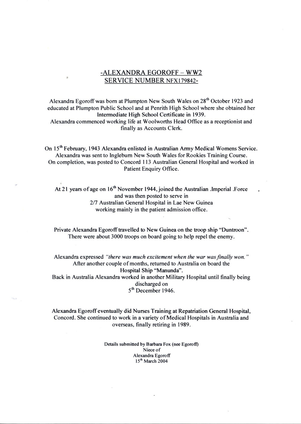 Alexandra Egoroff - WW2 Service Number NFX179842