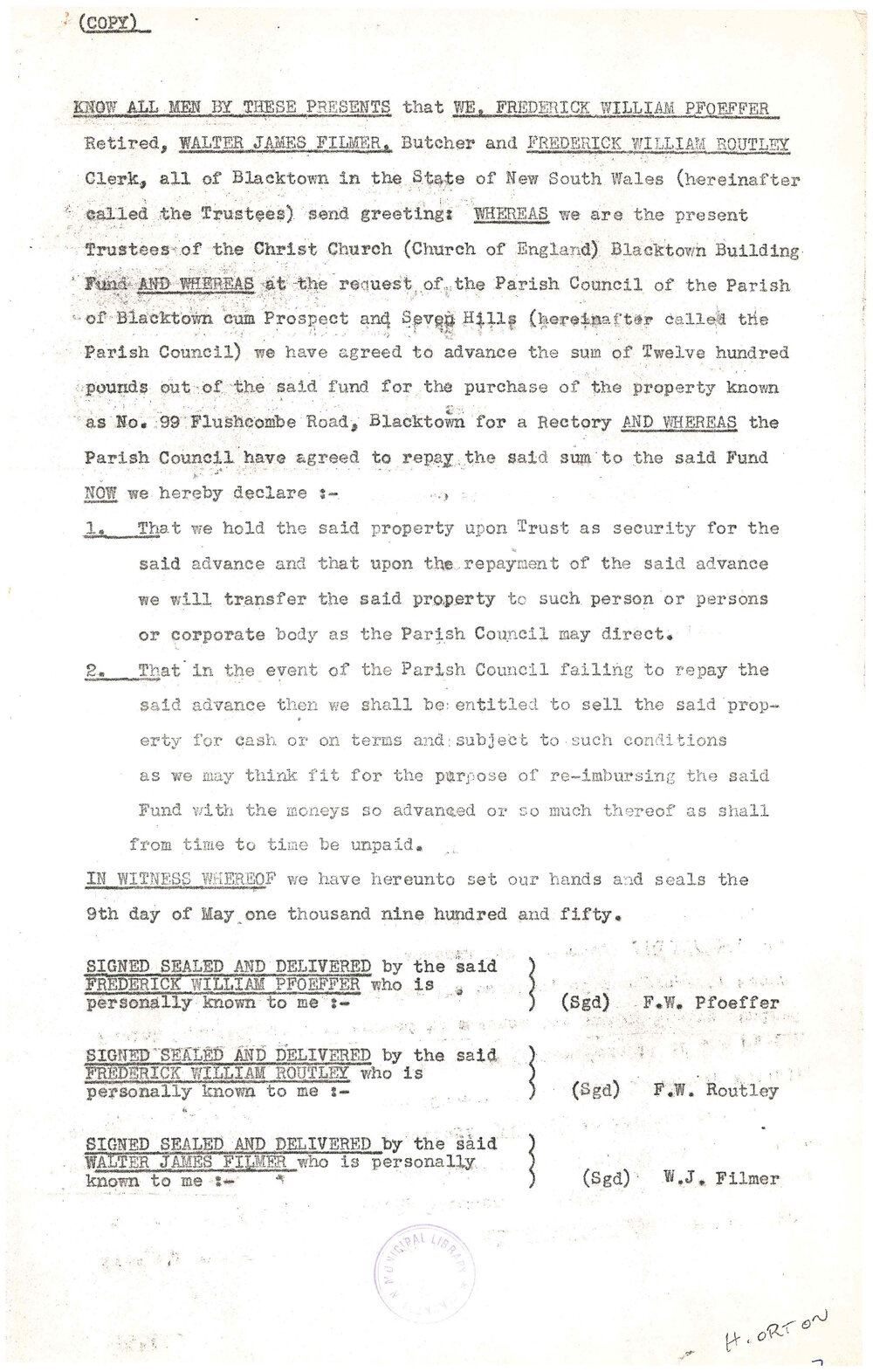 Agreement to Purchase 99 Flushcombe Road Blacktown -  Christ Church Anglican Church Blacktown, 1950