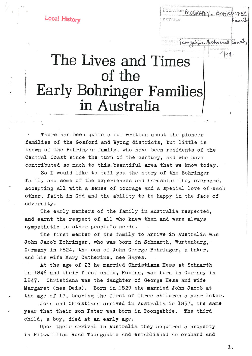 The Lives and Times of the Early Bohringer Families in Australia, 1994