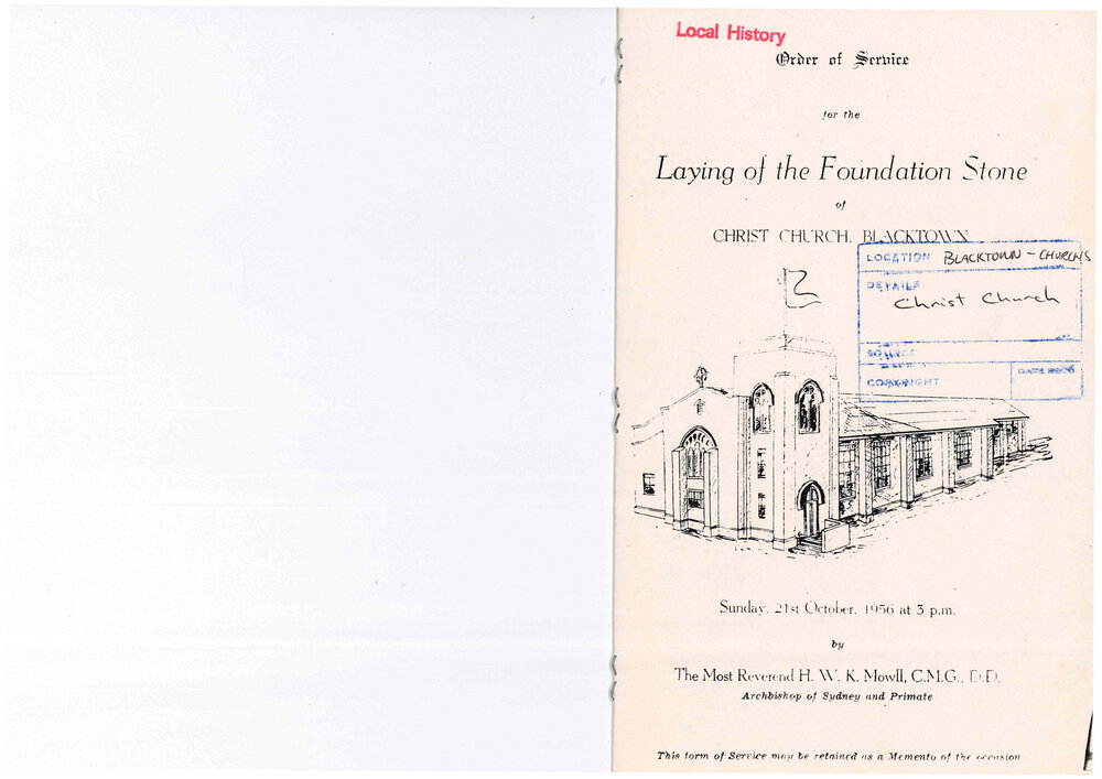 Order of Service, Laying of the Foundation Stone, Christ Church Anglican Church Blacktown, 1956