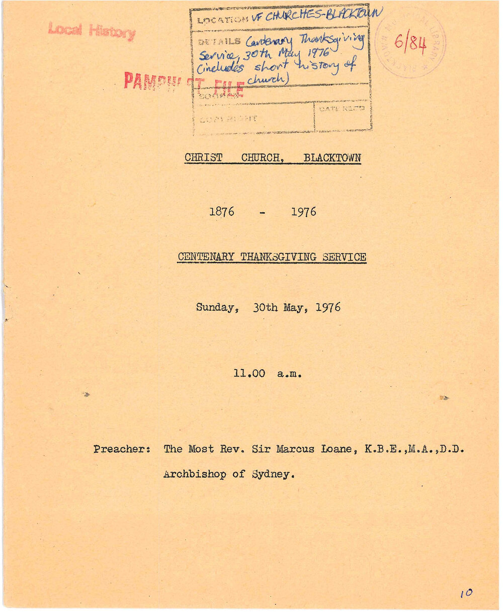 Christ Church Blacktown 1876-1976, Centenary Thanksgiving Service, 1976
