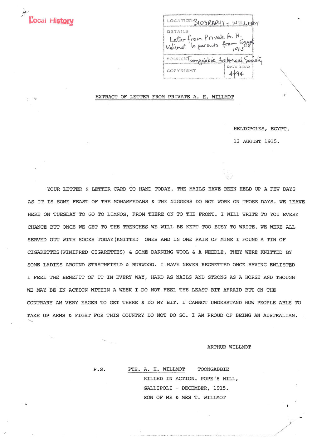 Extract of letter from Private Arthur Henry Willmot to his parents from Egypt, WWI