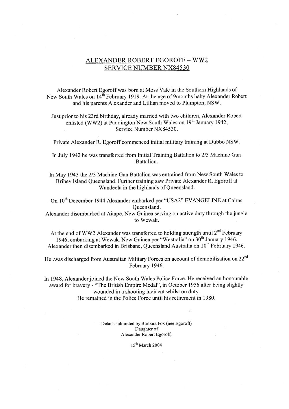 Alexander Robert Egeroff - WW2 Service Number NX84530