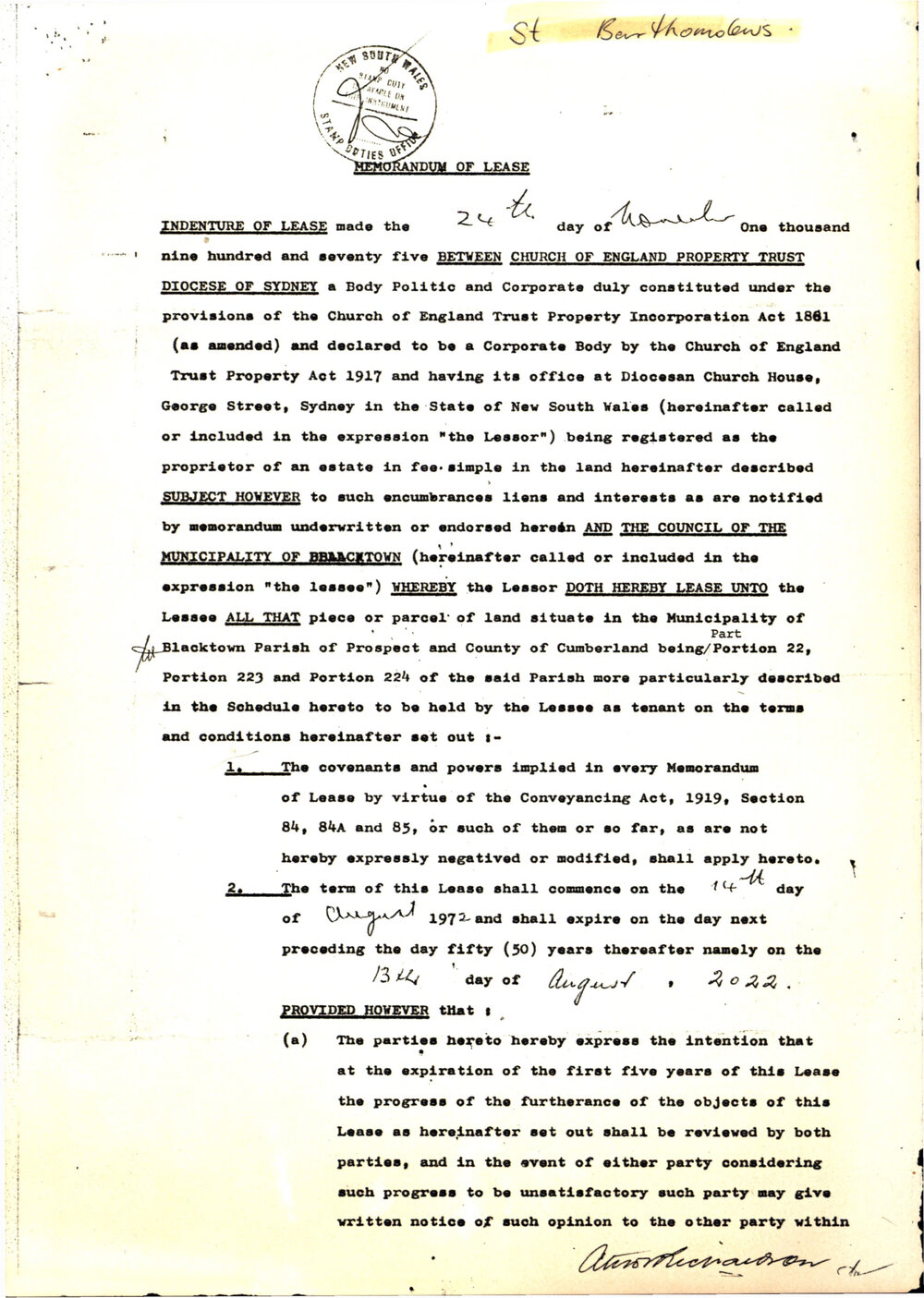 Memorandum of Lease St Bartholomew's Anglican Church Prospect, 1975