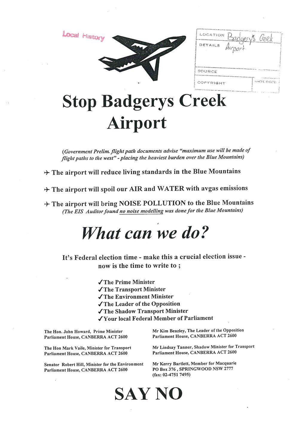 Stop Badgery's Creek Airport, c1998